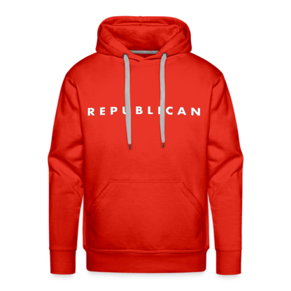 Write a great product description for: Republican Men’s Premium Hoodie (White Letters) has Text that says "Republican" in White Letters.